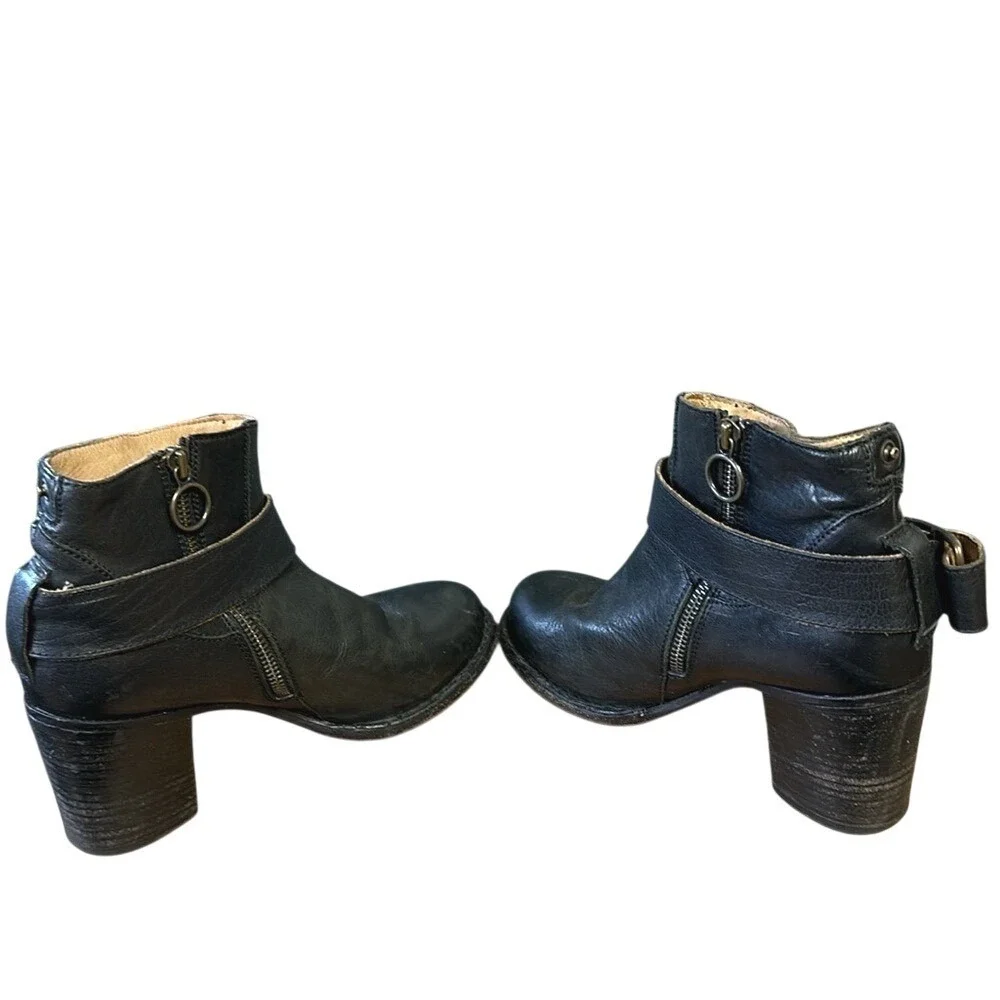Fiorentini + Baker Black Leather Moto Ankle Boot Buckle Strap Block Heel Italy 6
